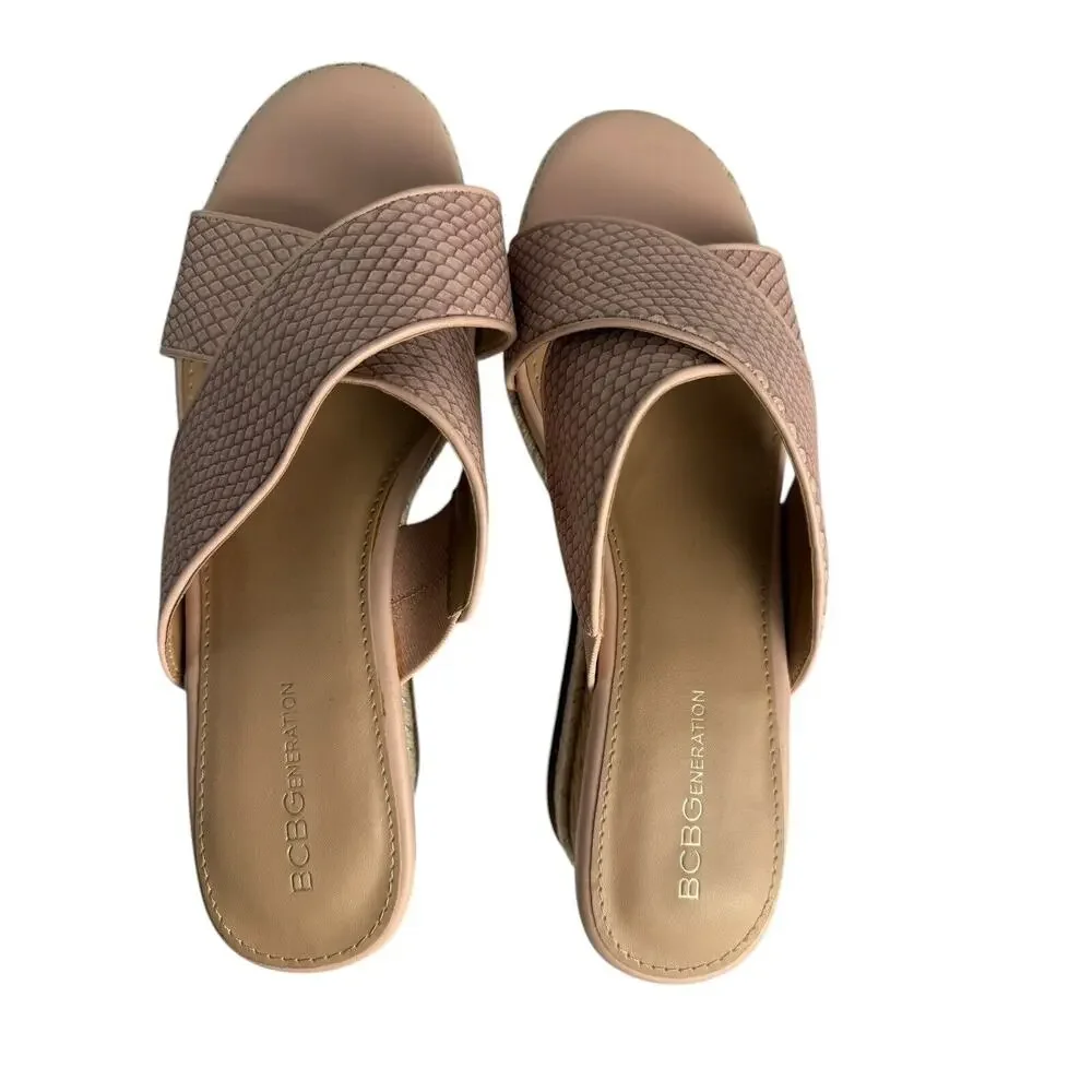 BCBGeneration Womens Habanna Cork Wedge Sandal‎ Size 9 Pink & Silver Vegan Lthr